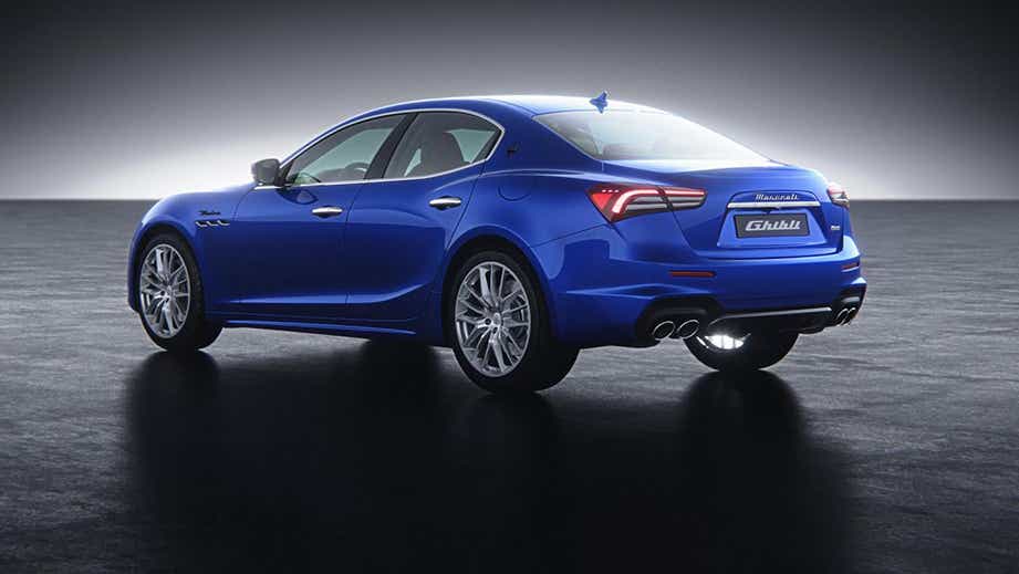 rear three-quarter of a Blue Maserati Ghibli