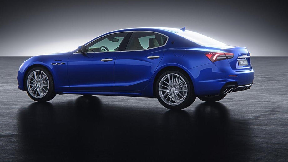 side and rear view of a Blue Emozione Maserati Ghibli