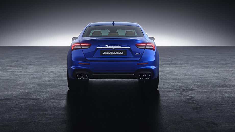 Rear view of a Blue Maserati Ghibli