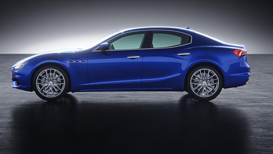side view of a Blue Maserati Ghibli