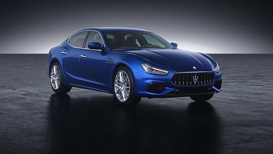 front three-quarter view of a Blue Maserati Ghibli