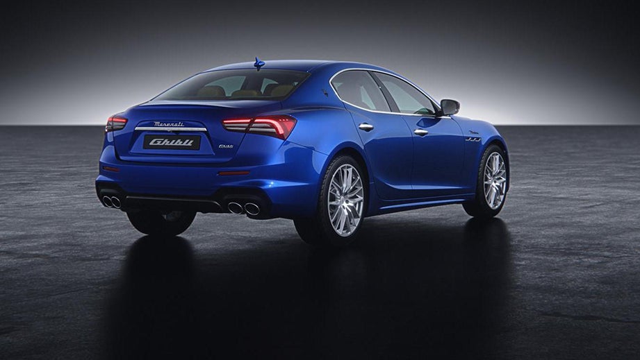 rear three-quarter of a Blue Emozione Maserati Ghibli