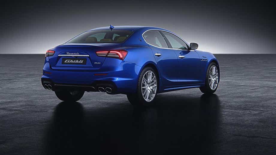 rear three-quarter of a Blue Emozione Maserati Ghibli