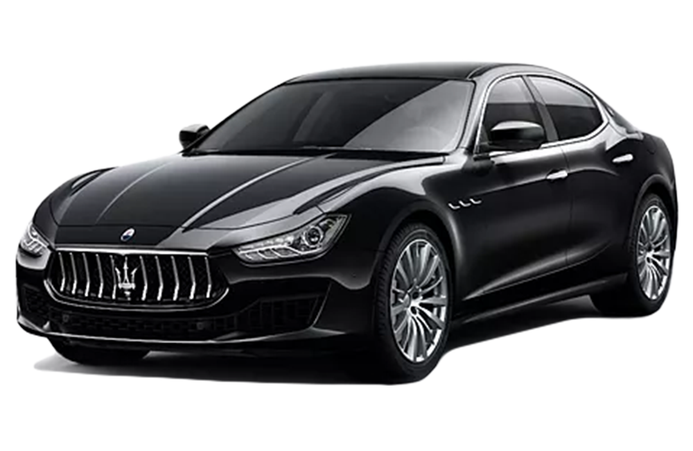 front three-quarter view of a Nero Maserati Ghibli