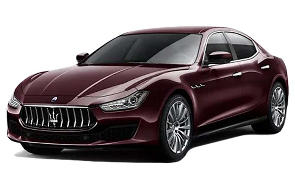front three-quarter view of a Rosso Folgore Maserati Ghibli
