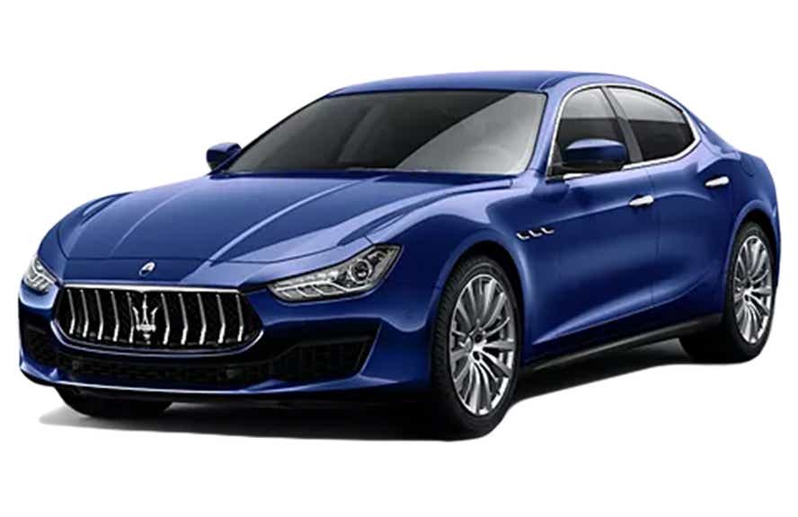 front three-quarter view of a Blue Maserati Ghibli