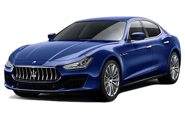 front three-quarter view of a Blue Maserati Ghibli