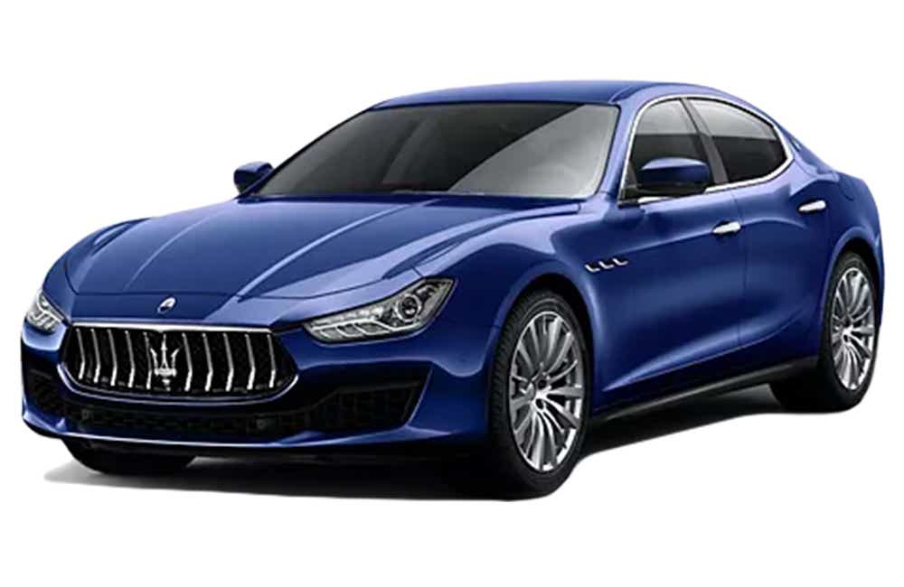 front three-quarter view of a Blue Maserati Ghibli