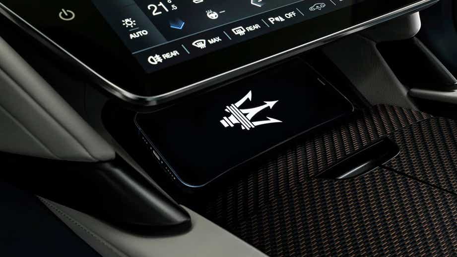Infotainment screen and center console of a Maserati GranTurismo