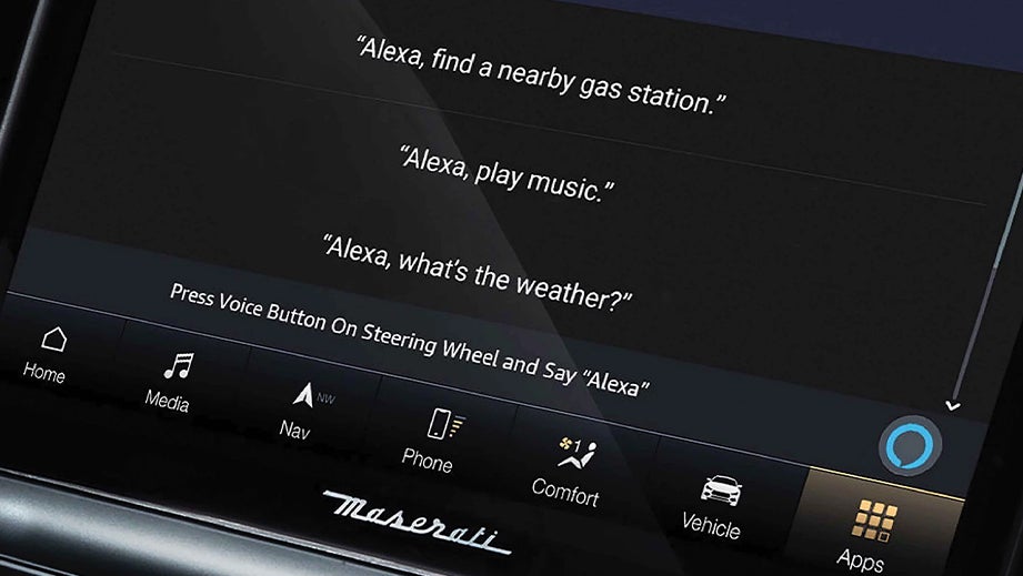 Infotainment system display of a Maserati Levante showing Alexa integration