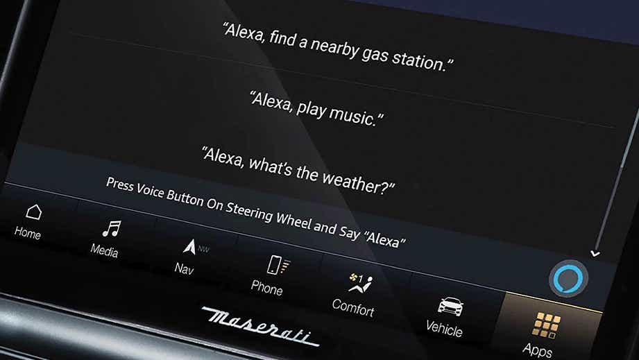 Infotainment system display of a Maserati Levante showing Alexa integration