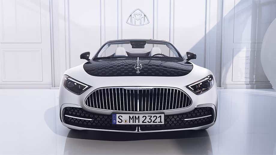 Front view of a Opalite White Mango Mercedes-Benz Maybach SL 680