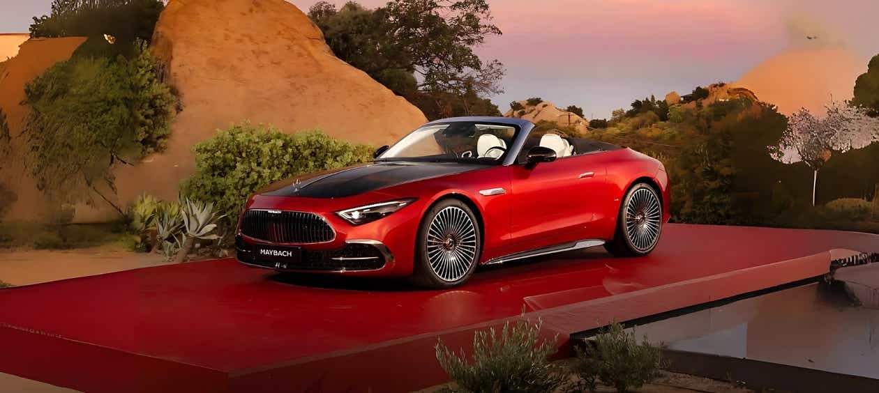 front three-quarter view of a Garnet Red Metallic Mercedes-Benz Maybach SL 680