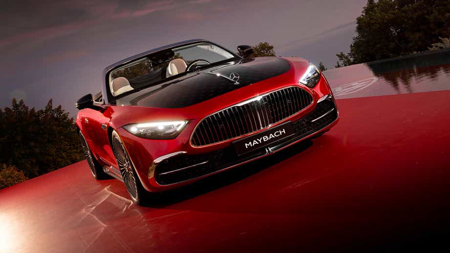 Front view of a Garnet Red Metallic Mercedes-Benz Maybach SL 680