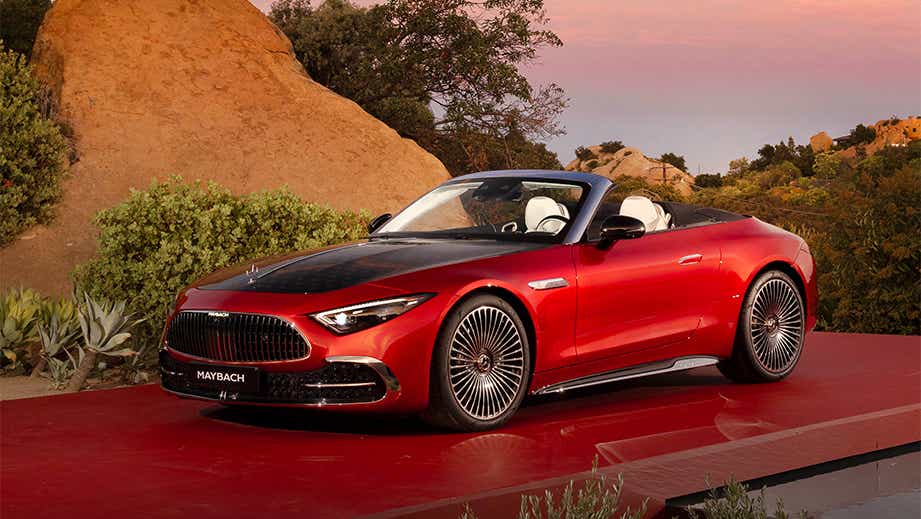 front three-quarter view of a Garnet Red Metallic Mercedes-Benz Maybach SL 680