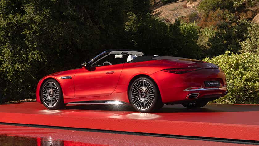 rear three-quarter of a Garnet Red Metallic Mercedes-Benz Maybach SL 680