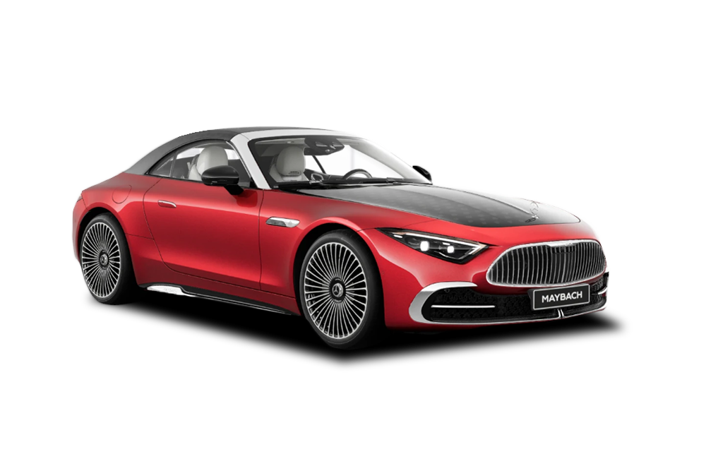 front three-quarter view of a Garnet Red Metallic Mercedes-Benz Maybach SL 680