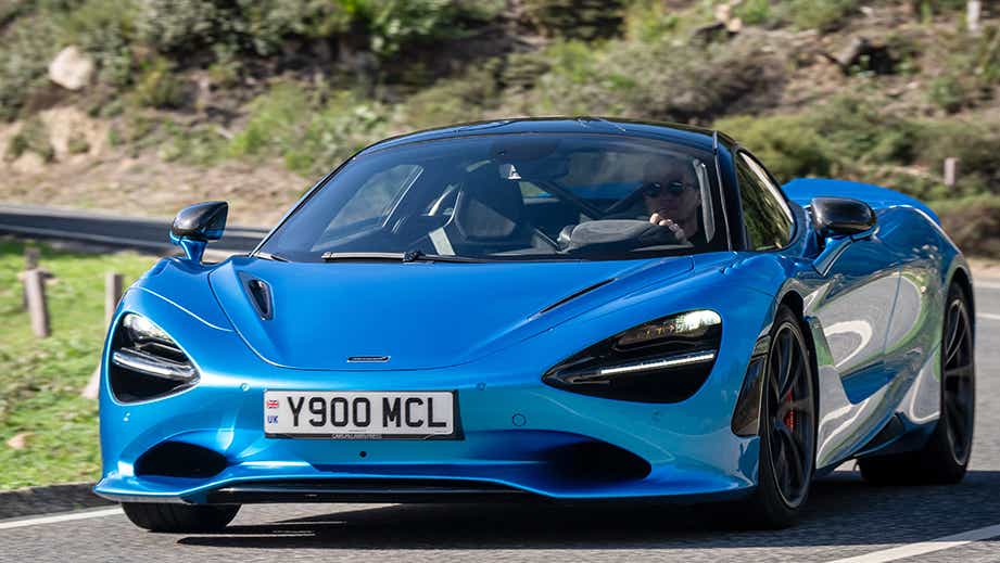 Front view of a Mclaren 750s sports car on the road
