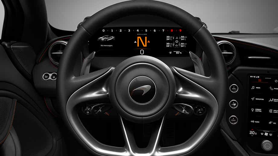 Steering wheel and dashboard of a Mclaren 750s