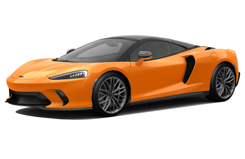 front three-quarter view of a Mclaren orange Mclaren GT