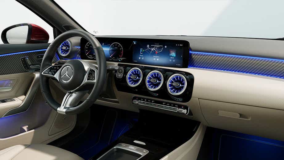 Interior dashboard of a Polar White Mercedes-Benz A-Class Limousine