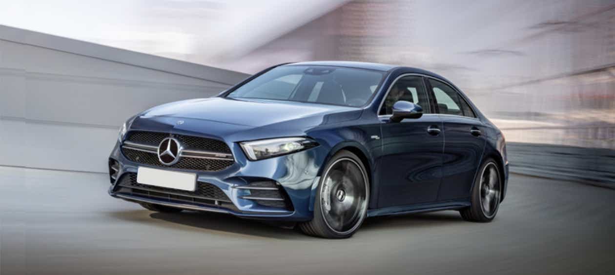 Front three-quarter of a Denim Blue Mercedes-Benz AMG A 35