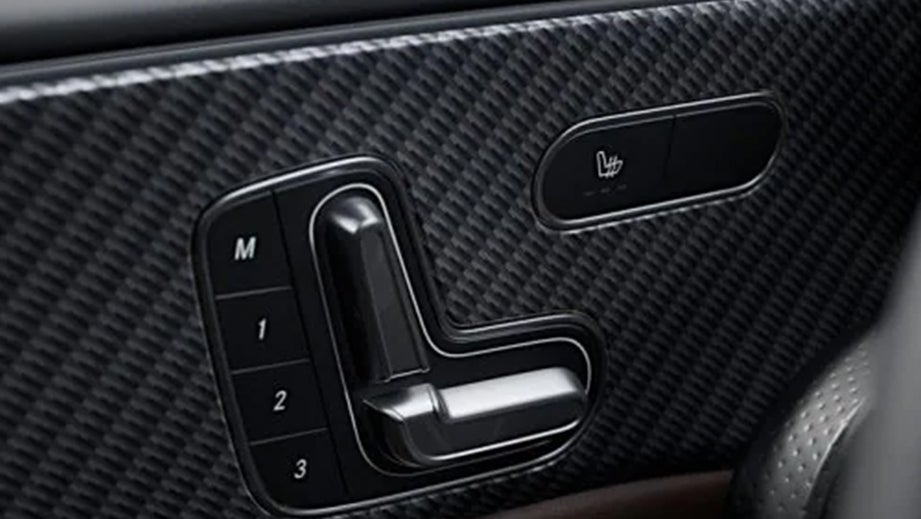 close-up of seat controls on a Mercedes-Benz Amg A 45 S door panel