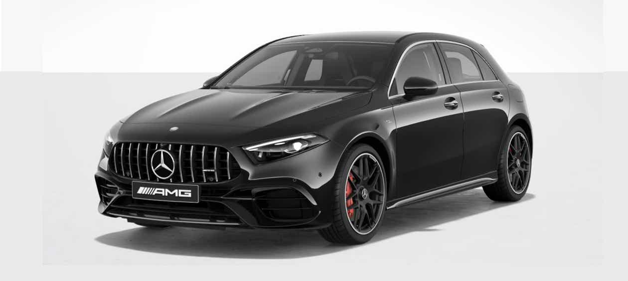 Front three-quarter view of a Cosmos Black Mercedes-Benz Amg A 45 S