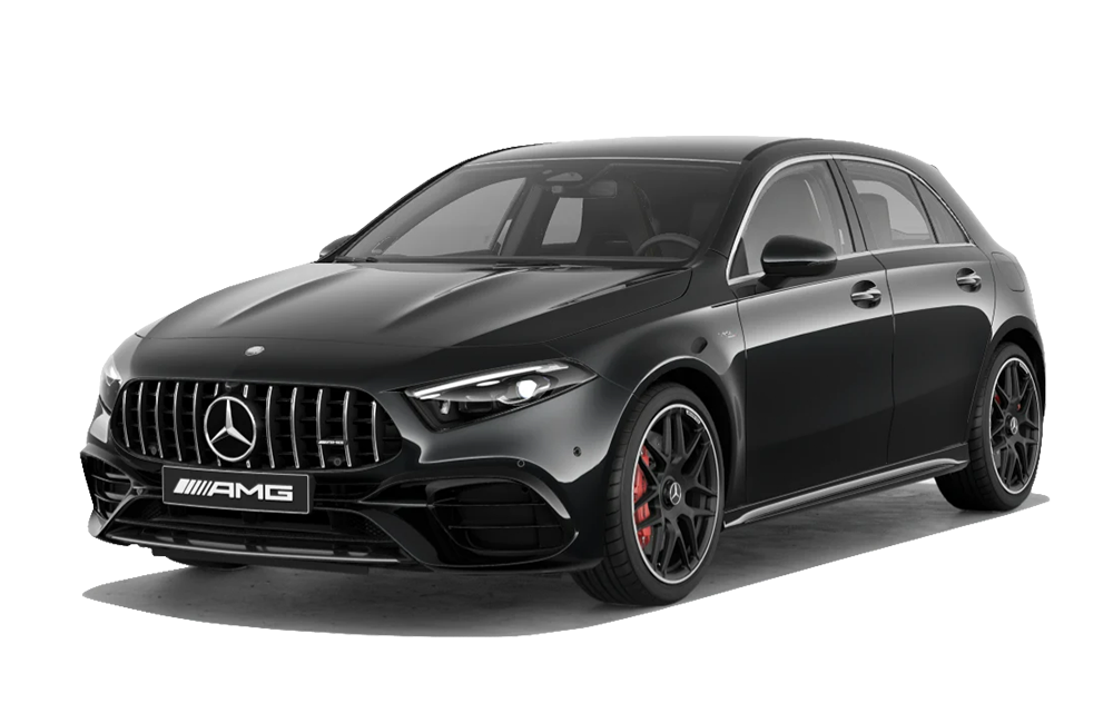 front three-quarter view of a Cosmos Black Mercedes-Benz Amg A 45 S