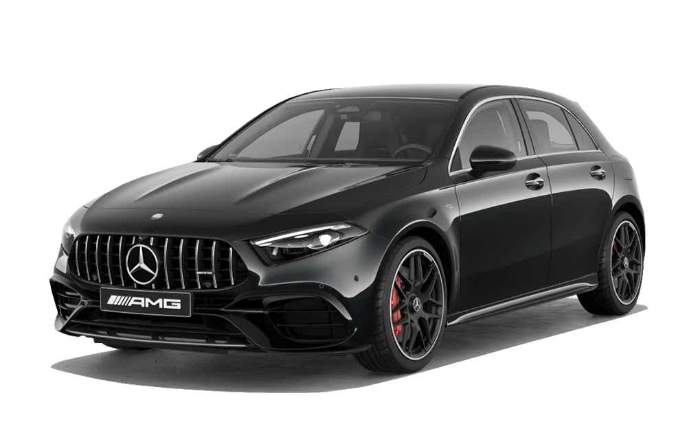 front three-quarter view of a Cosmos Black Mercedes-Benz Amg A 45 S