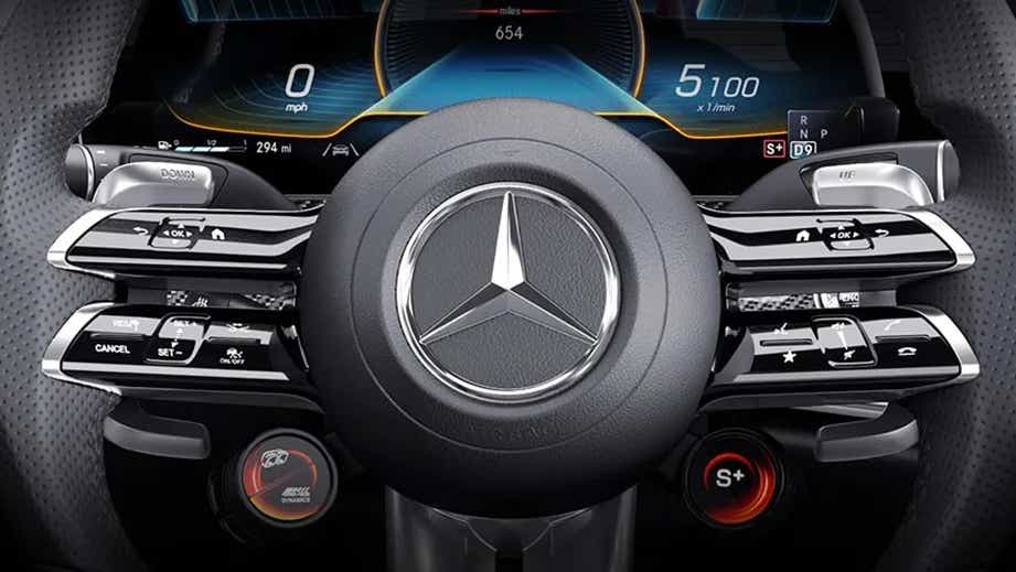 Steering wheel and dashboard of a Mercedes-Benz AMG E 53 Cabriolet