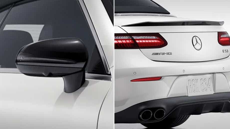 Side mirror and rear view of a Mercedes-Benz AMG E 53 Cabriolet