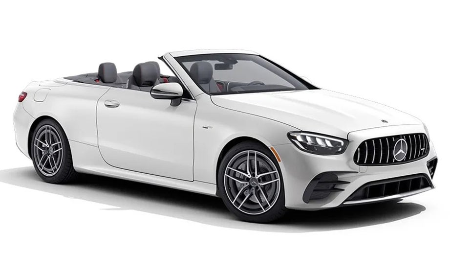 Front three-quarter view of a Polar White Mercedes-Benz AMG E 53 Cabriolet