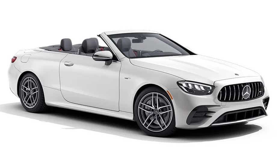Front three-quarter view of a Polar White Mercedes-Benz AMG E 53 Cabriolet