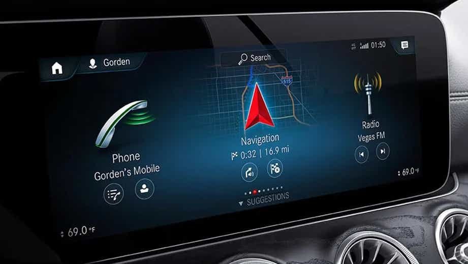 Infotainment display close-up of a Mercedes-Benz AMG E 53 Cabriolet