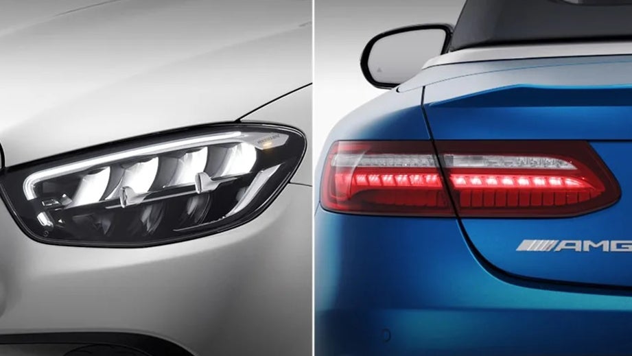 Headlight and rear close-up of a Mercedes-Benz AMG E 53 Cabriolet