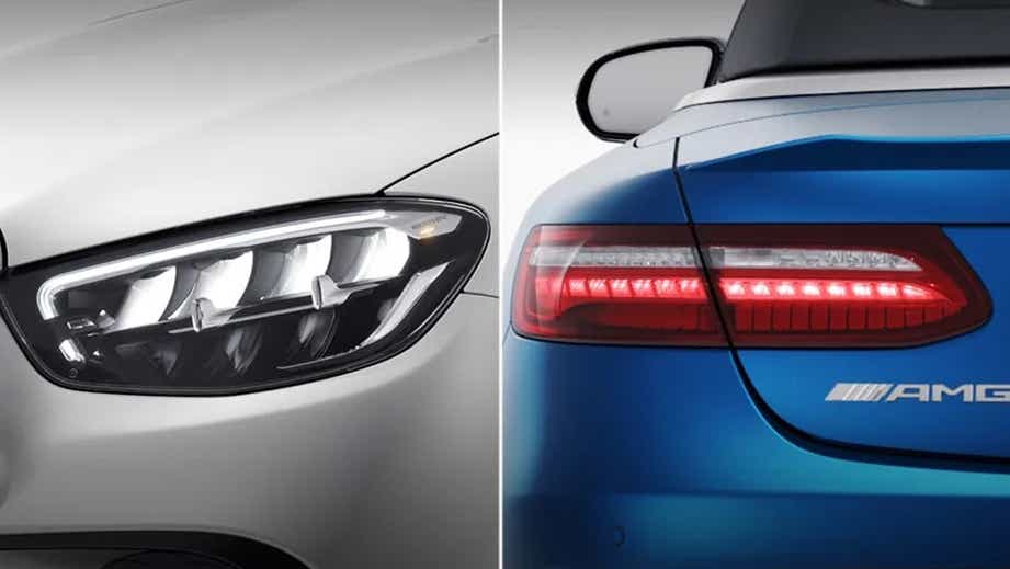 Headlight and rear close-up of a Mercedes-Benz AMG E 53 Cabriolet