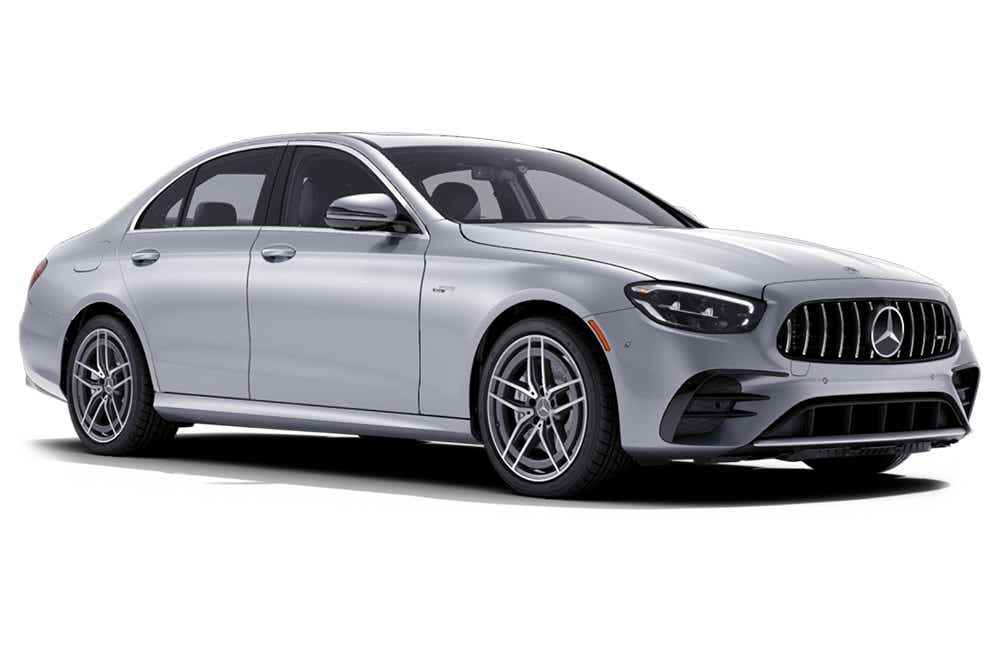 front three-quarter view of a Cirrus Silver Metallic Mercedes-Benz AMG E 53