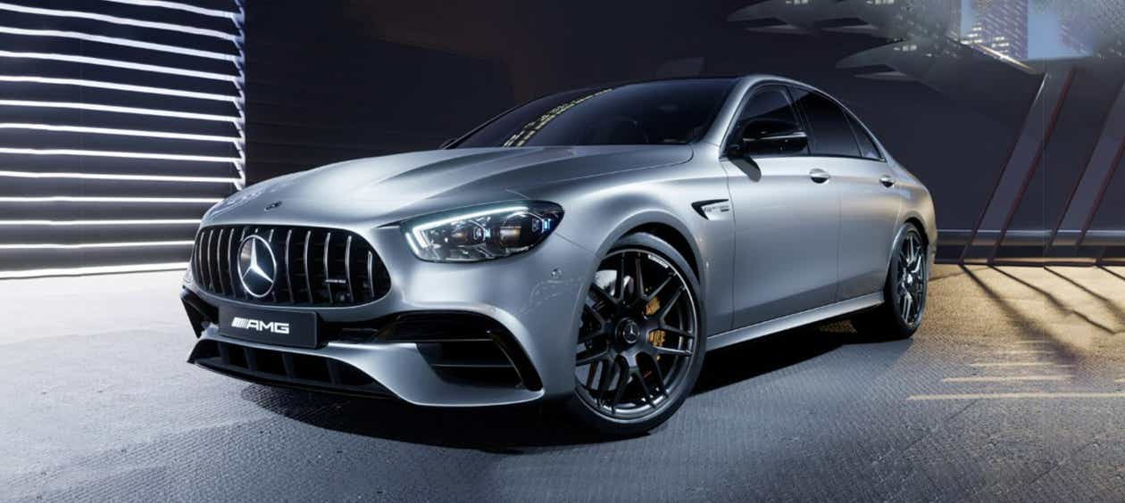 Front three-quarter view of a Silver Metallic Mercedes-Benz AMG E 63