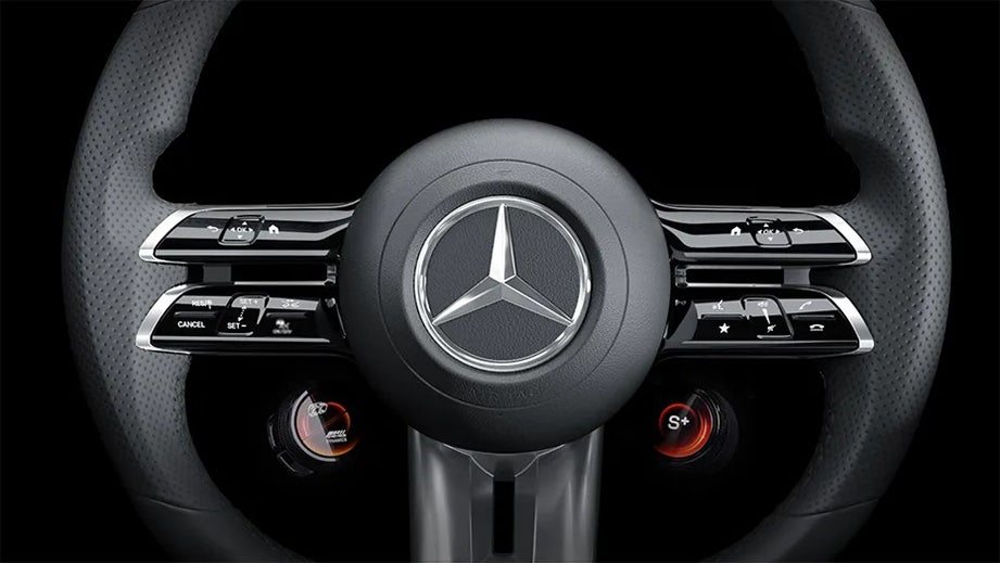 Steering wheel close-up of a Mercedes-Benz AMG E 63