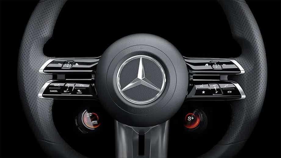 Steering wheel close-up of a Mercedes-Benz AMG E 63