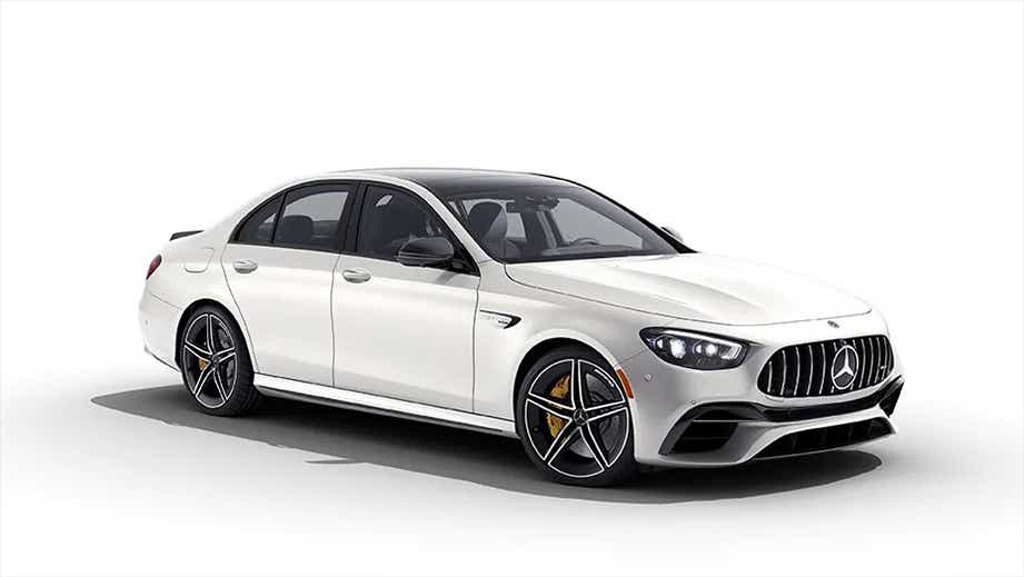 Front three-quarter view of a Polar White Mercedes-Benz AMG E 63