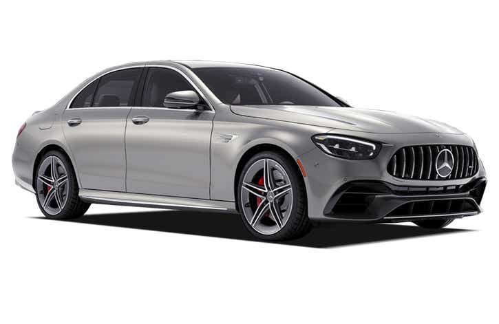 front three-quarter view of a Silver Metallic Mercedes-Benz AMG E 63
