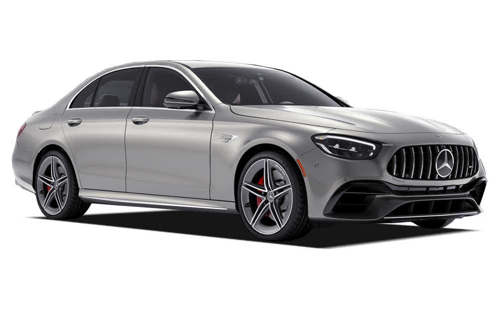 front three-quarter view of a Silver Metallic Mercedes-Benz AMG E 63