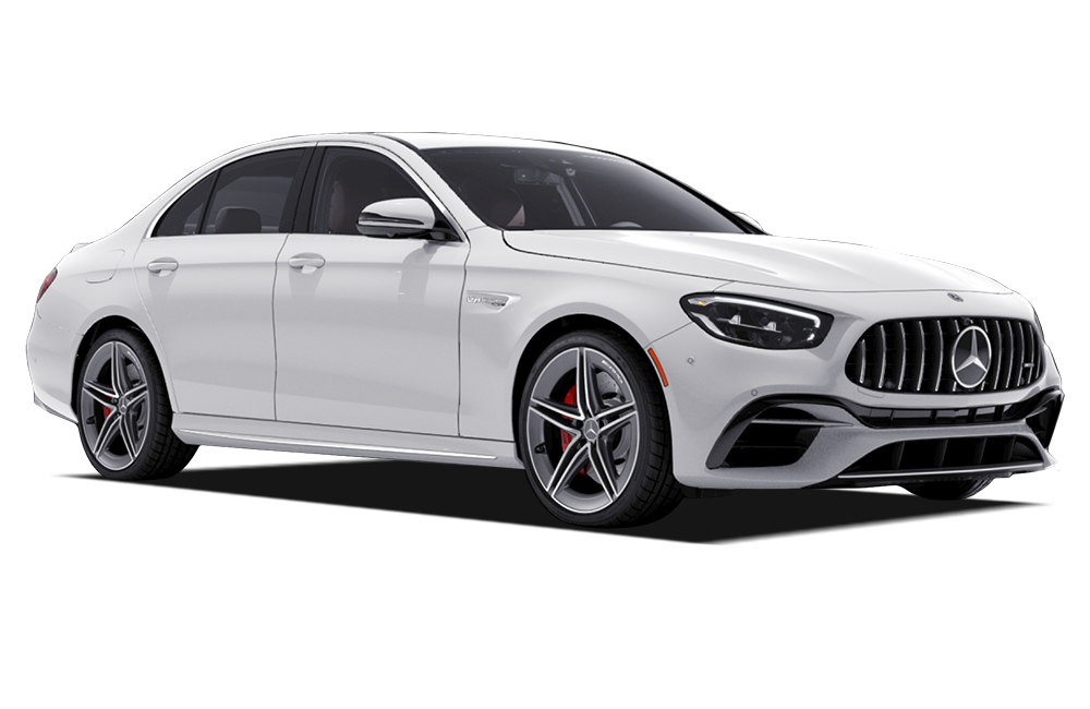 front three-quarter view of a Polar White Mercedes-Benz AMG E 63