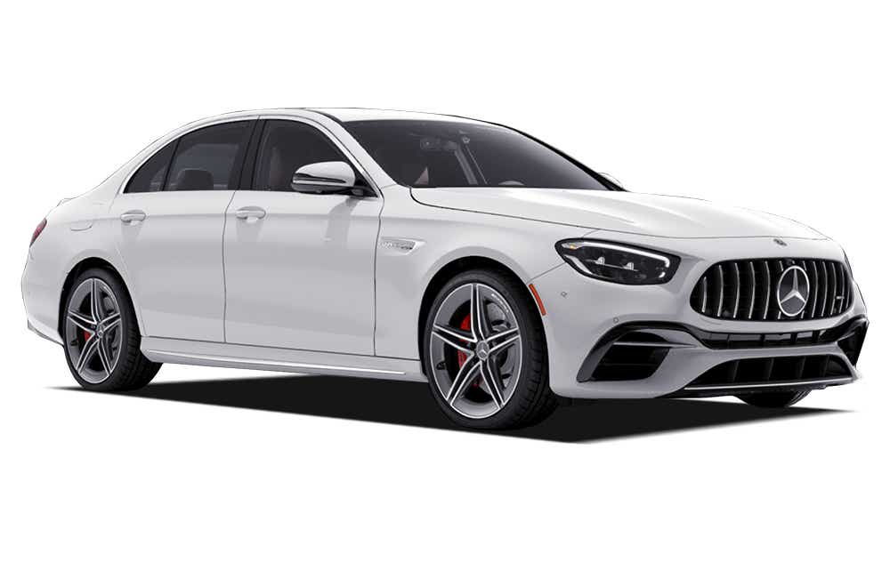 front three-quarter view of a Polar White Mercedes-Benz AMG E 63