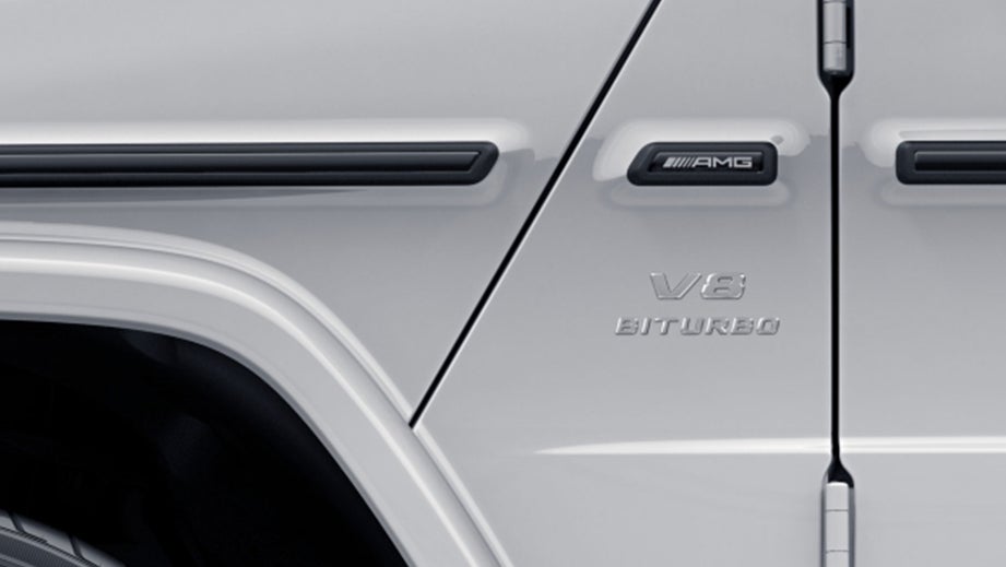 front fender detail of a Polar White Mercedes-Benz AMG G 63