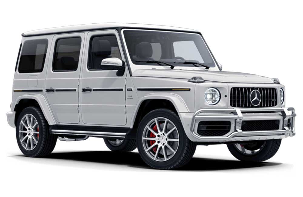 Front three-quarter view of a Polar White Mercedes-Benz AMG G 63