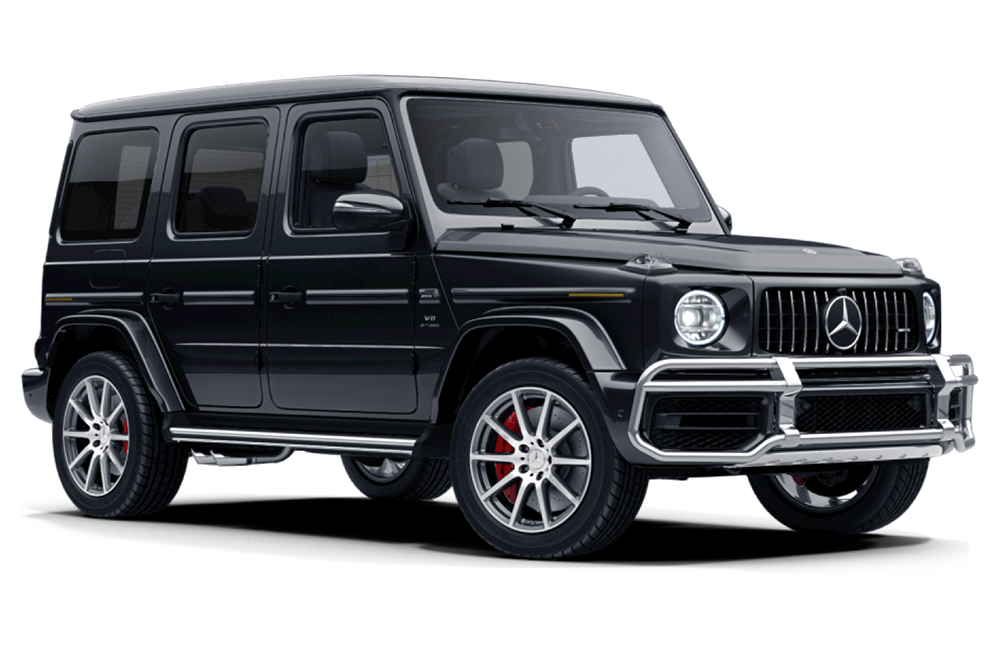 front three-quarter view of a Magnetic Black Metallic Mercedes-Benz AMG G 63