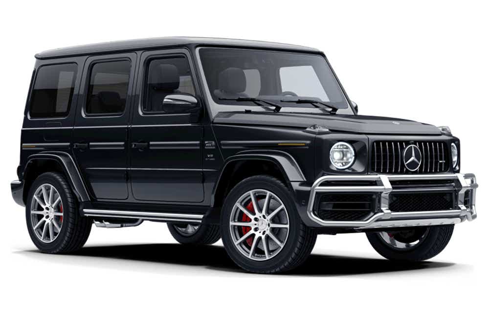 front three-quarter view of a Magnetic Black Metallic Mercedes-Benz AMG G 63